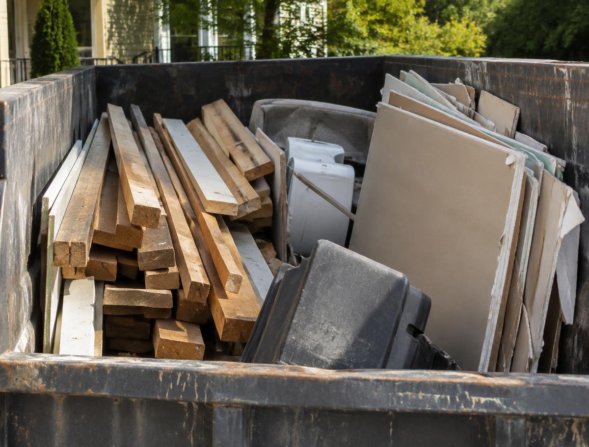 Mixed construction and household debris loaded into a roll-off dumpster