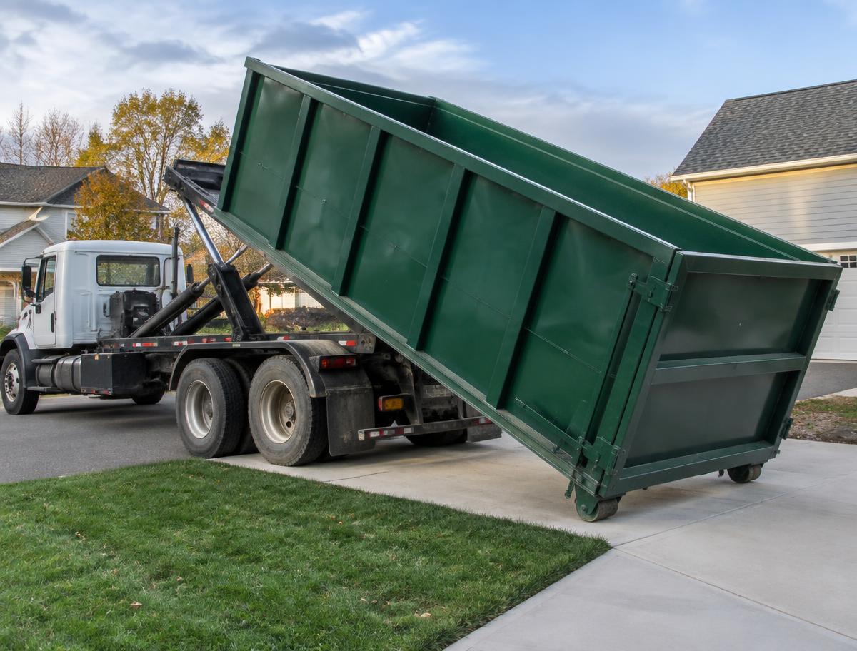 Roll-off truck lowering a dumpster into position at a project site